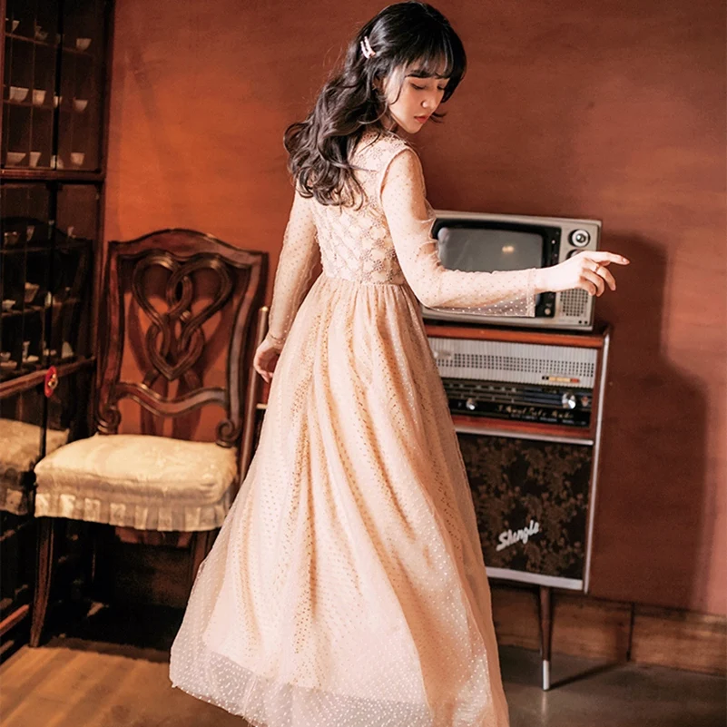 Женское платье с длинным рукавом Сетчатое вышивкой в горошек 2021 | Женская одежда