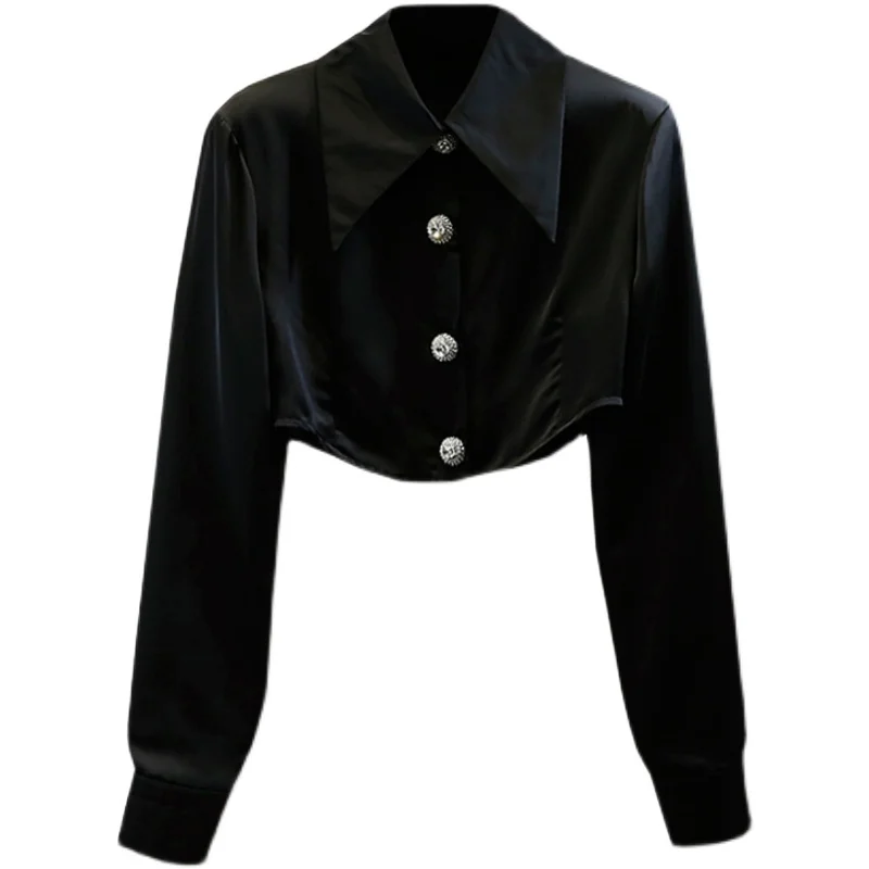 

Fashion Diamond Single-Breasted Irregular Short Off Navel Shirt Women Long Sleeve Satin Blouse Slim Fit Lady Top White Black