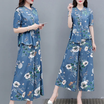 

Floral Luxury 2 Piece Set Women Wide Leg Pants Casual Cowboy Korean Woman Suit Ensemble Pantalon Et Haut Femme Clothes