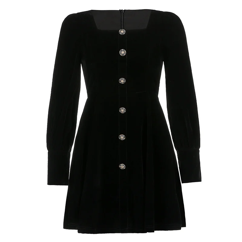Зимнее платье в стиле Хепберн однобортное черное бархатное с рукавами-пузырями