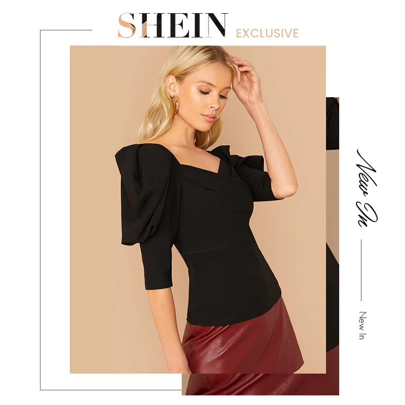 SHEIN/черная однотонная блузка с пышными рукавами и милым вырезом, Топ для женщин, весенне-осенние элегантные офисные платья, топы и блузки
