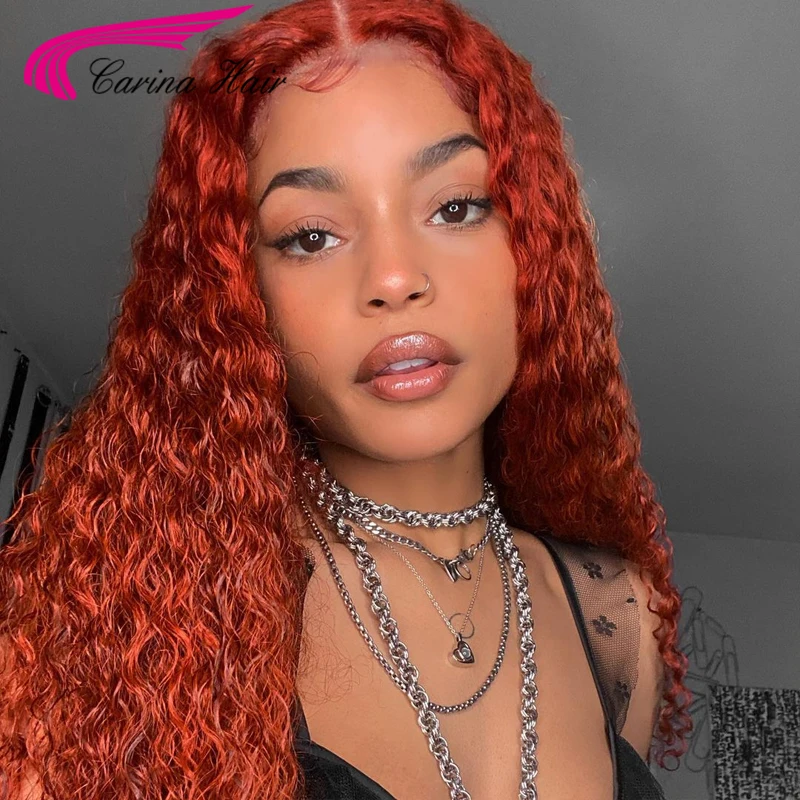 Ginger Orange Curly Lace Front Human Hair Wigs For Women 180% Brazilian Remy Dark Ginger Lace Front Wigs Preplucked