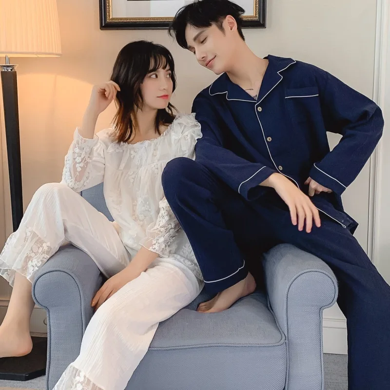 

New Spring Lace Princess Couples Sleepwear Suit Ladies Home Wear Men'S Casual Cotton Pajamas Court Lounge Negligee Pajamas