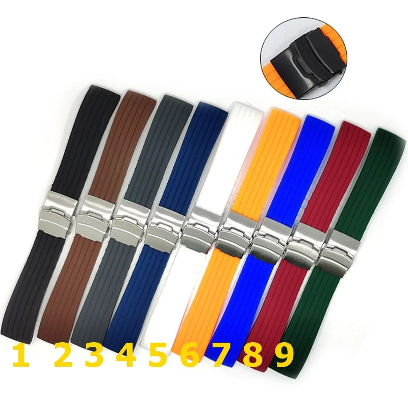 

Stainless Steel Folding Clasp Deployment Buckle Waterproof Sport Watch Strap 18mm 20mm 22mm 24mm Universal Silicone Watchband