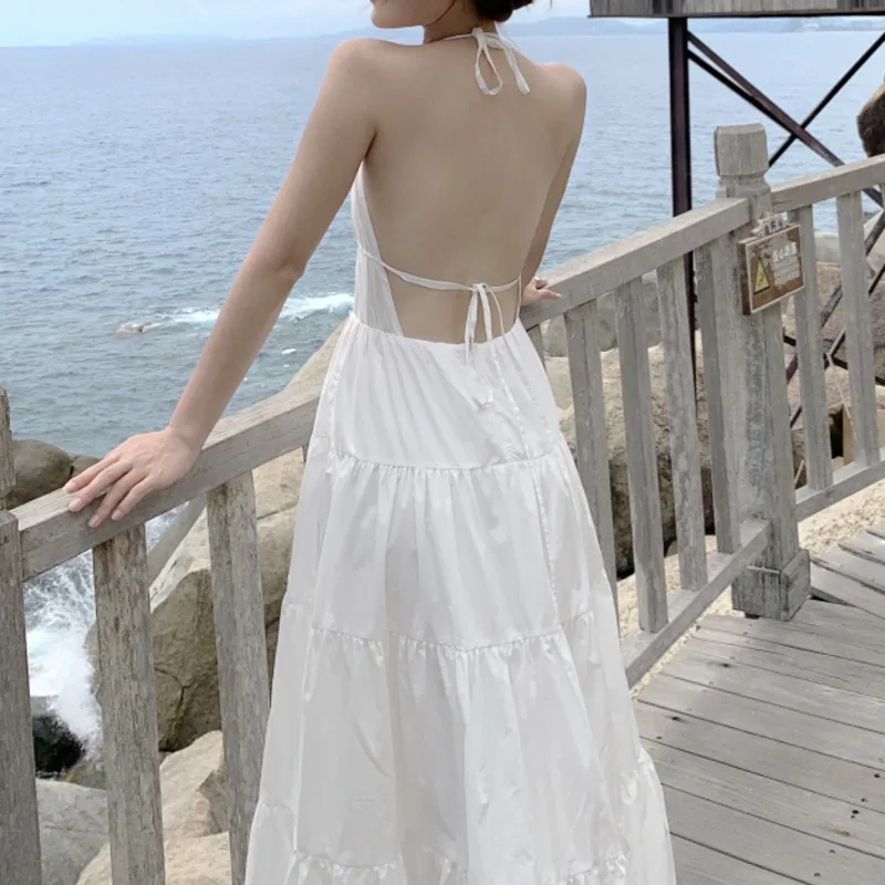 

Korean Fashion Summer Long Beach Dress Women OL Elegant Casual Sexy Backless Dresses Spaghetti Strap Vestidos Party Sundress New