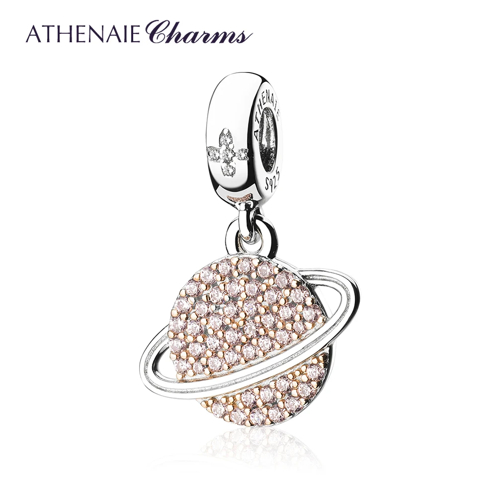 ATHENAIE, 925 пробы, серебряный, розовый, CZ, планета Сатурн, подвески, подвески, свисающие, подходят к оригинальному Шарму, браслеты, ожерелья для женщин