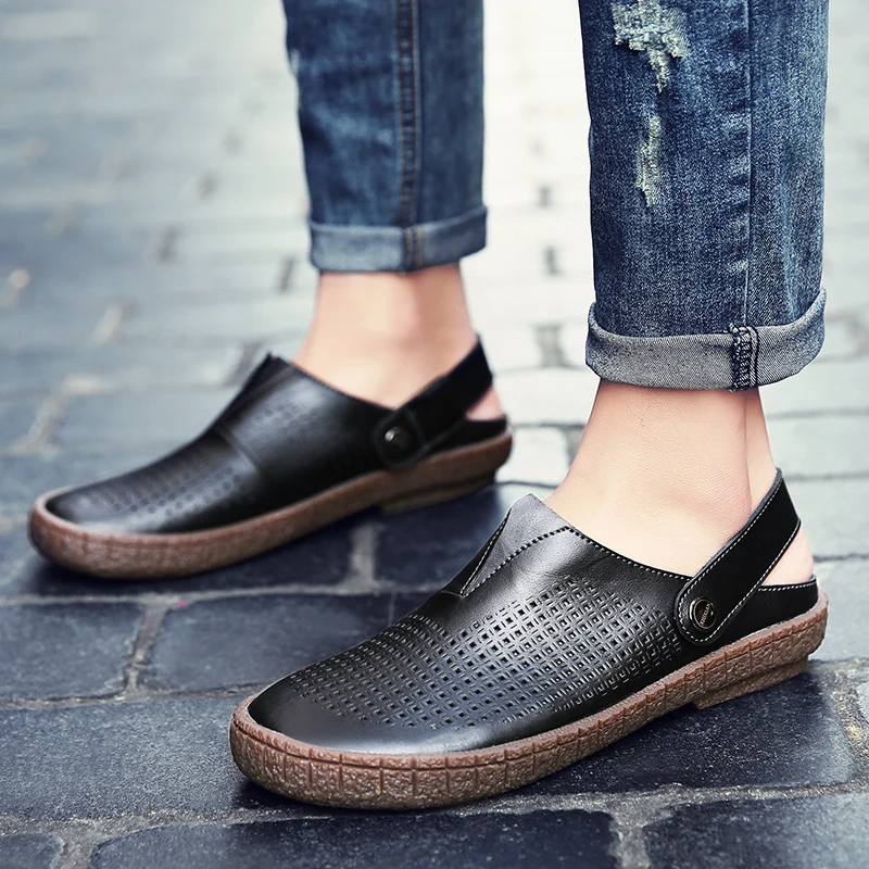 Мужские пляжные сандалии ручной работы натуральная кожа прочные плоская подошва