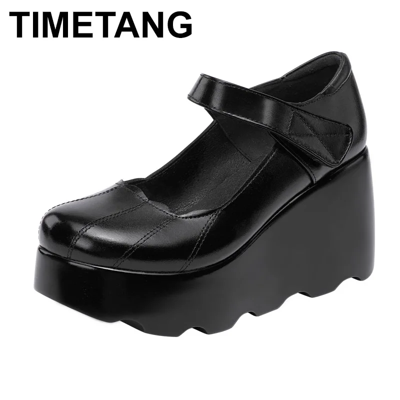 

TIMETANG2020 spring leather women platform shoes high heels round toes ankle strap black women pumps big size 33-43