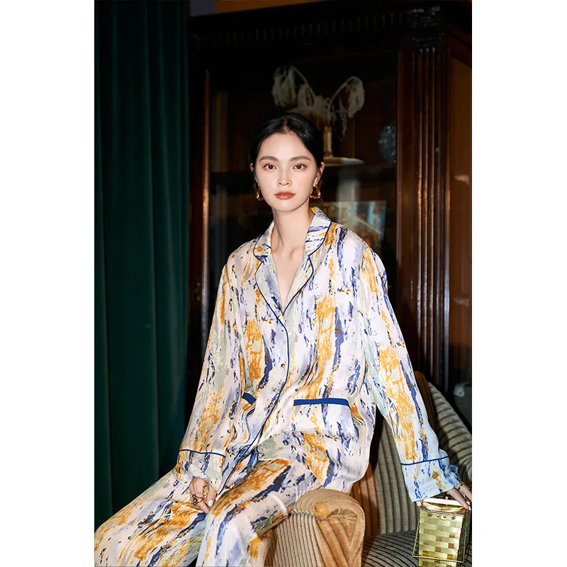 High Quality Ice Silk Pajamas Women's Long Sleeved Trousers Two-piece Home Clothes