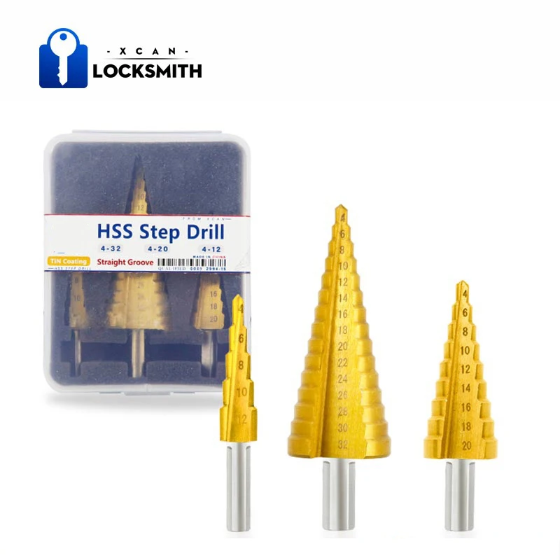 

Step Cone Drill Titanium Coated 3pcs 4-12/20/32mm Step Drill Bit Core Drilling Tools HSS Hole Saw Drill Metal Hole Cutter