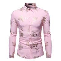 stylish rose floral gold print pink shirt men 2020 new slim fit long sleeve mens dress shirts club party wedding camisa social