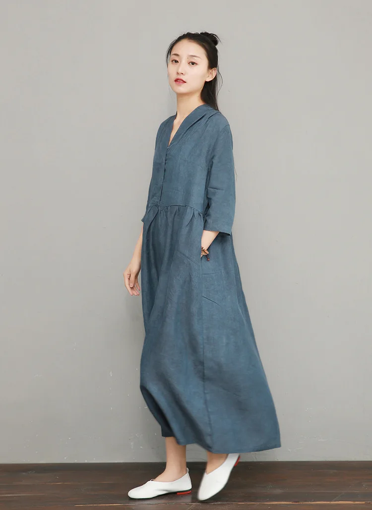 NINI WONDERLAND, летнее платье с v-образным вырезом,, женское, Tencel, льняное, винтажное платье, женское, одноцветное, длинное платье, халат, высокое качество