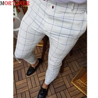 classic white plaid cropped dress pants slim fit ankle length skinny pants men flat front vintage casual pantalones hombre 3xl