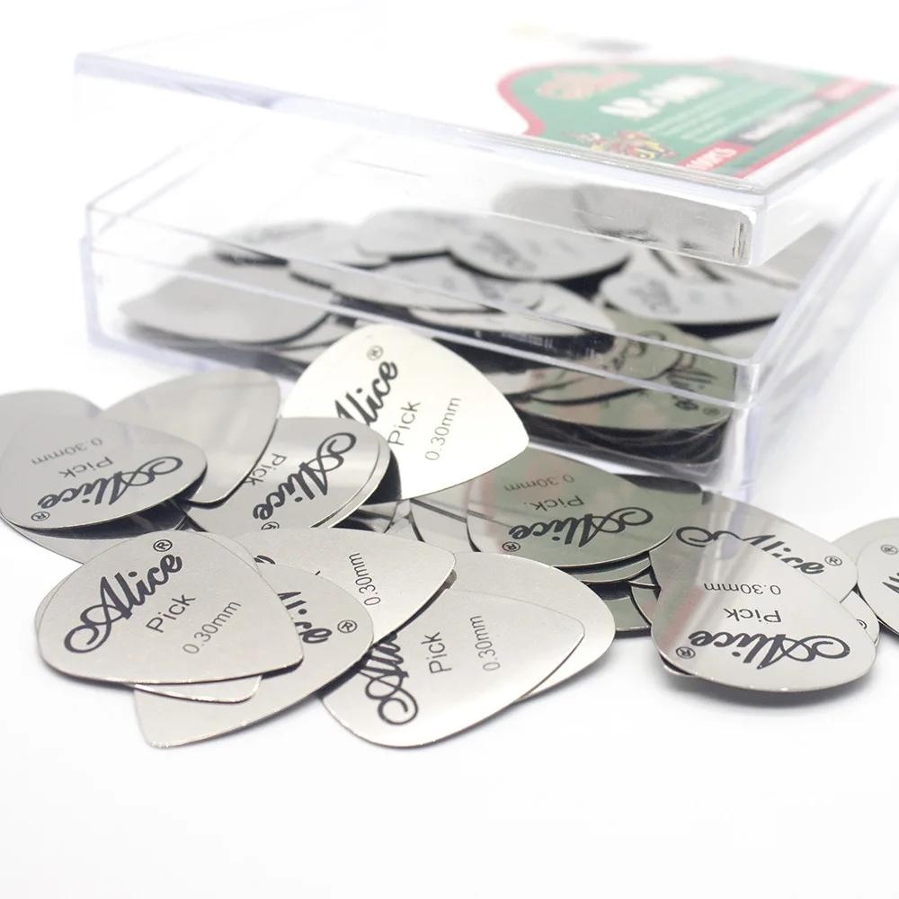 

Ohello 100Pcs Metal Guitar Pick 0.3mm Thin Durable Silver Color Professional Bass Ukelele Guitar Picks
