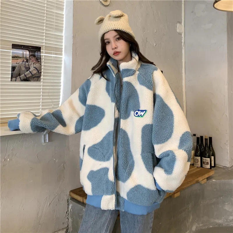 

2021 winter lamb wool sweatshirt loose contrast color thick warm hoodie Korean casual stand-up collar jacket