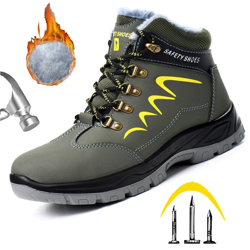 

Мужские защитные ботинки со стальным носком, Нескользящие проколостойкие рабочие защитные ботинки, зимние теплые строительные ботинки с высоким голенищем для мужчин