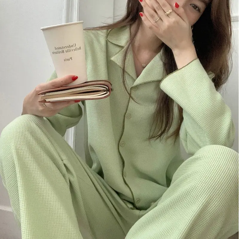 QWEEK Pijamas Women Apricot Green Pink Long Sleeve Trousers Plaid Pajamas Spring Autumn Sleepwear Kawaii Home Clothes Pyjamas