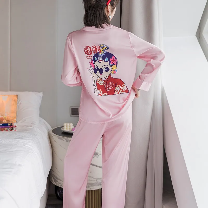 

Women Pajamas Set Novelty Print Beijing Opera Nightwear 2PCS Sleepwear Chinese Style Long Sleeve Pijamas Suit Silky Homewear XXL