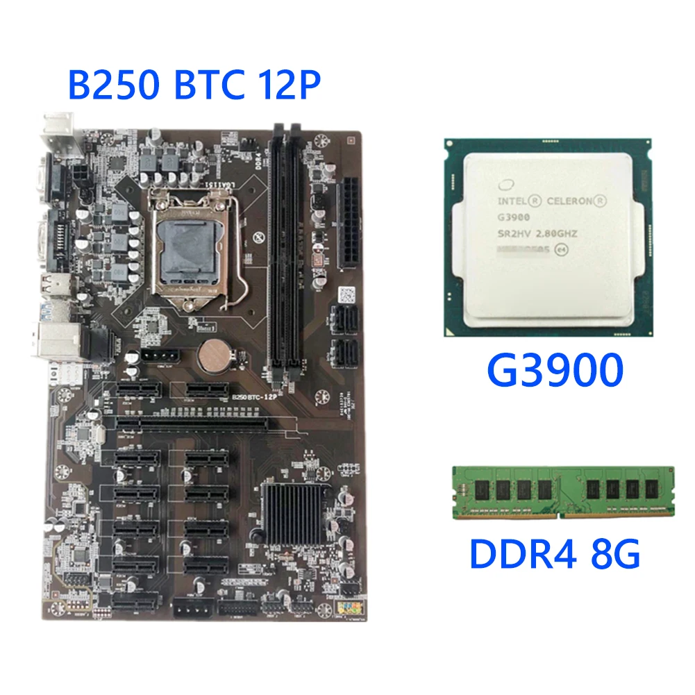 B250 BTC-12P Motherboard For LGA1151 With G3900 CPU 12 PCI-E GPU Slot 8/16 GB 2133MHZ DDR4 Memory 12pcs VER009S Riser Mining Set