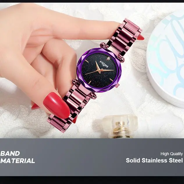 

KINYUED Women Watches Fashion Purple Starry Sky Dial Ladies Elegant Dress Wristwatches Steel Band Waterproof Simple Woman Watch