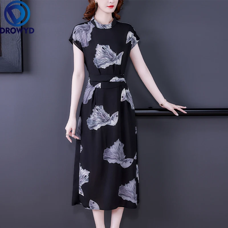 

Женское винтажное вечерние-макси из шелка тутового шелкопряда, черное пляжное шифоновое платье-миди с принтом, лето 2021