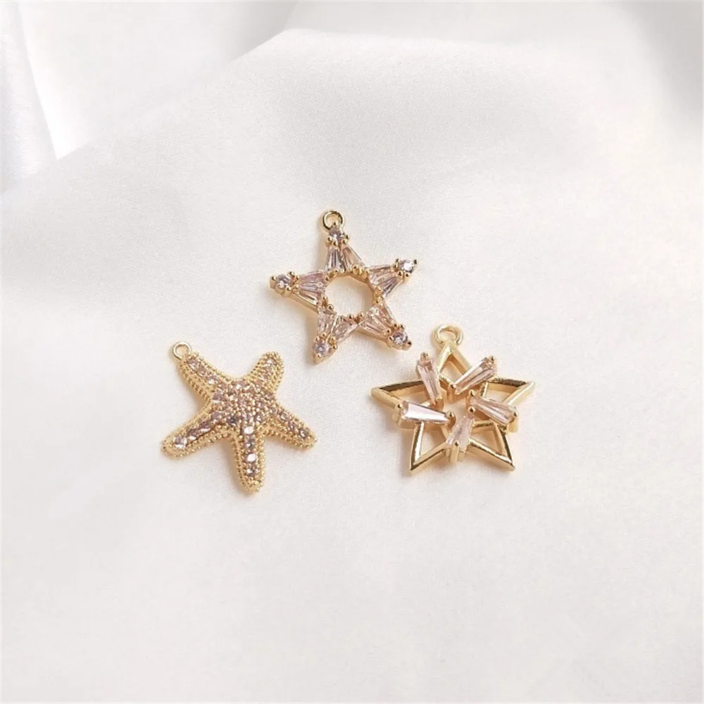 

14K Gold Filled Inlaid zircon five-pointed star Six Star Starfish Pendant DIY necklace Clavicle chain earring pendant