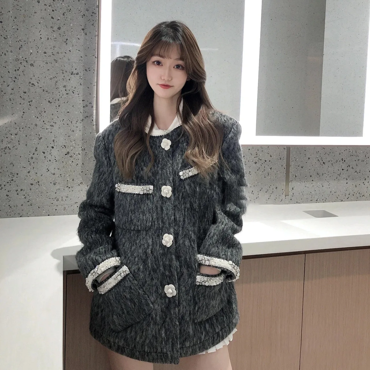 

Lazy Wind Plush Thickened Tweed Coat Women's Autumn and Winter Women's Wear Medium Long Loose Jacket Woolen Coat