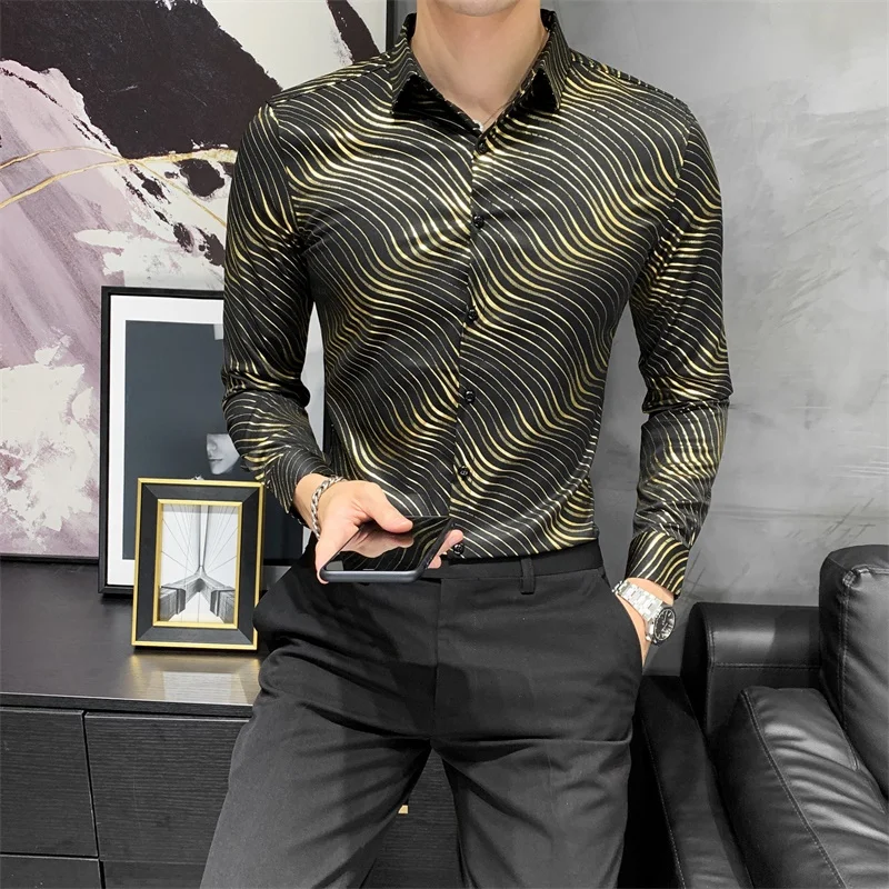 

2021 British Style Men Golden Camouflage Print Long Sleeve Shirt Streetwear Luxury Flower Shirt Slim Fit Shirt Men Hombre Casual