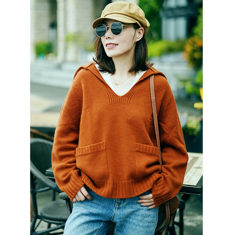 

Sweater Women 100% Cashmere Knitted Turn-down Collar Raglan Long Sleeves Solid High Quality Pullover Casual Style New Fashion