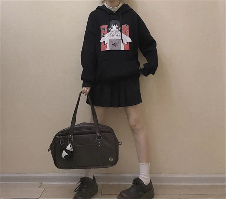 Harajuku Kawaii аниме девушка с капюшоном Толстовка японский Винтаж милый черный флис толстовка с рисунком женский объемный пуловер