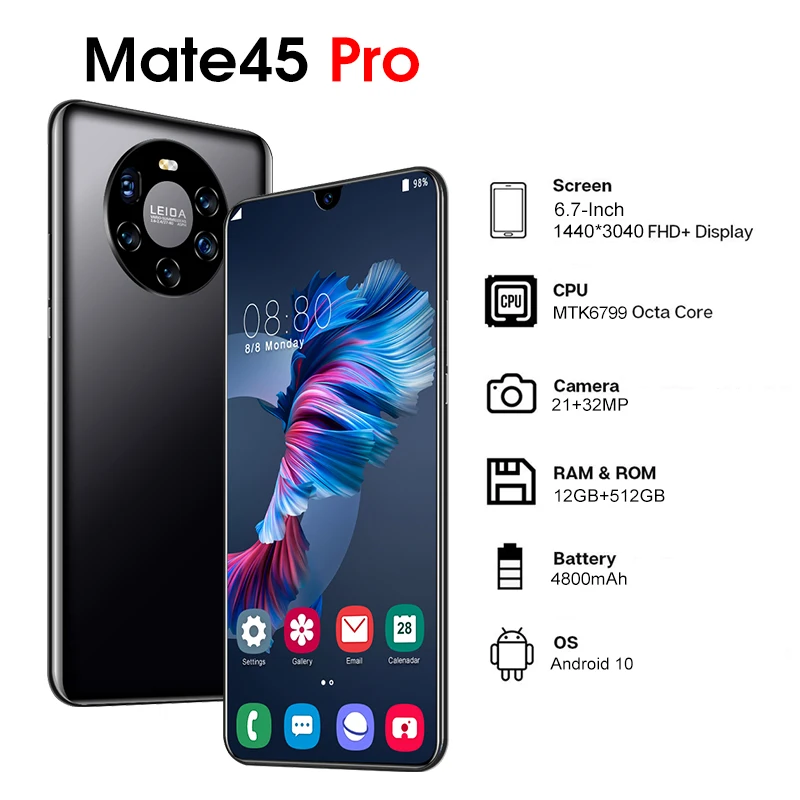 

7.3" Mate45 Pro Phone Snapdragon865 Android 10.0 Deca Core 512G ROM 4800mAh Battery 5G LTE Global Version Smartphone Huawe