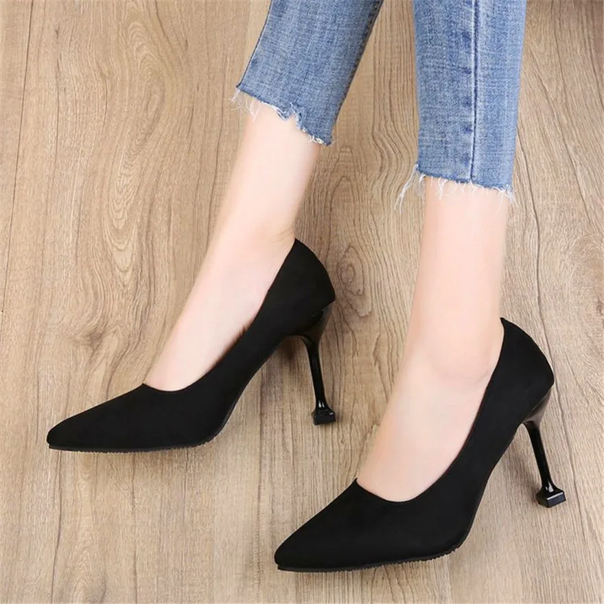 

5/7/9cm Comfort High Heels Ladies Work Shoes New Autumn Black Flock Shallow Wild Women Pumps Pointy Toe Dress Office Shoes Woman