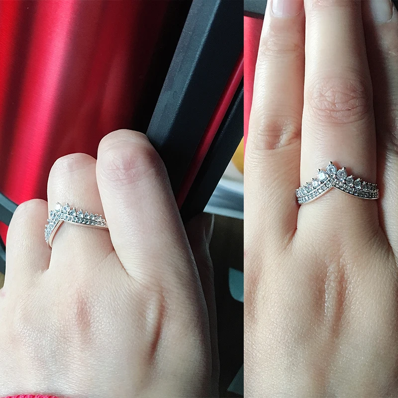 

100% 925 Sterling Silver 2019 Inlaid Crystal V Shape Rings Fits for Women Fine Brand Princess crown diamond rings for women