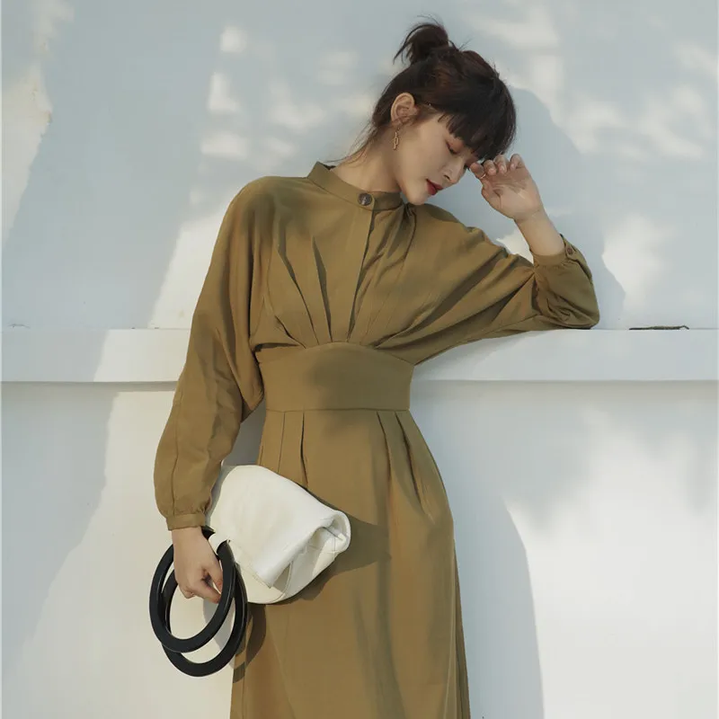 Осеннее винтажное женское платье с рукавами летучая мышь и стоячим воротником