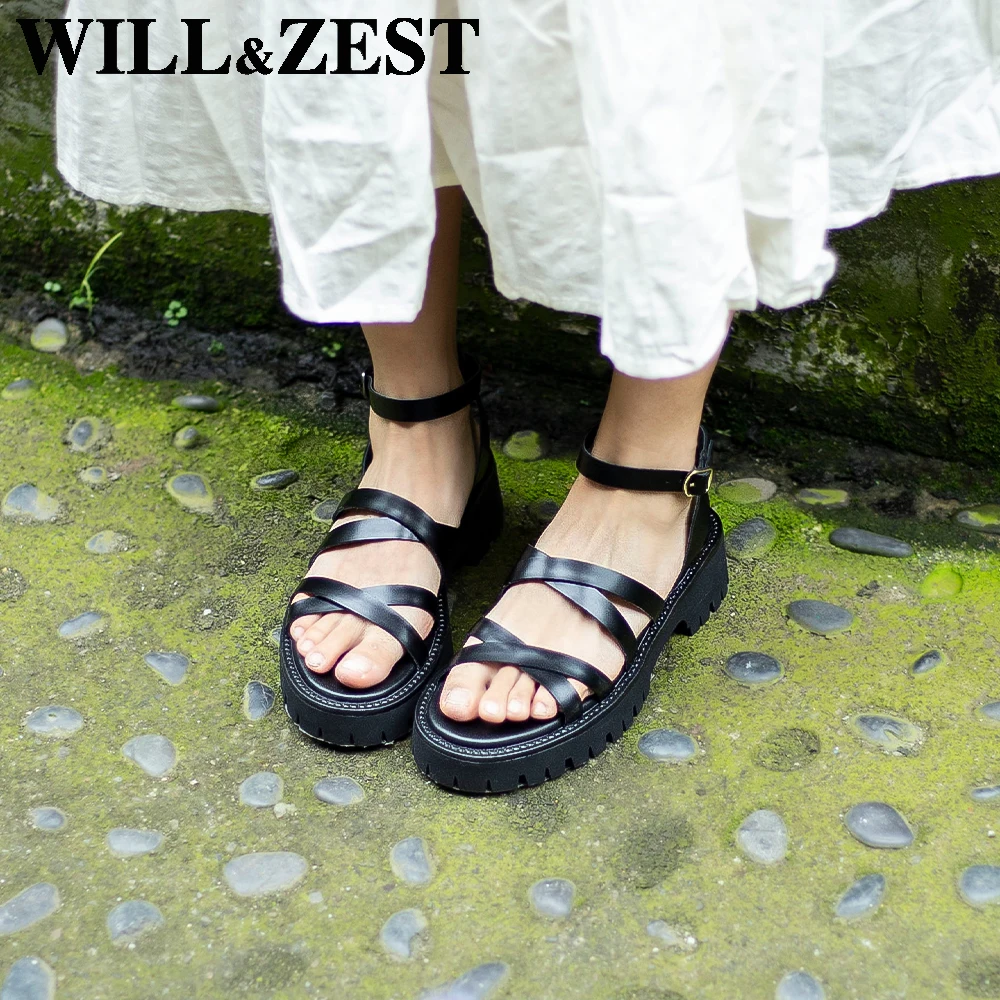 

WILL&ZEST Platform Gladiator Sandals Women Leather Chunky Flat Wedges Black Lolita Shoes Cute Summer Designer Luxury Block Heels