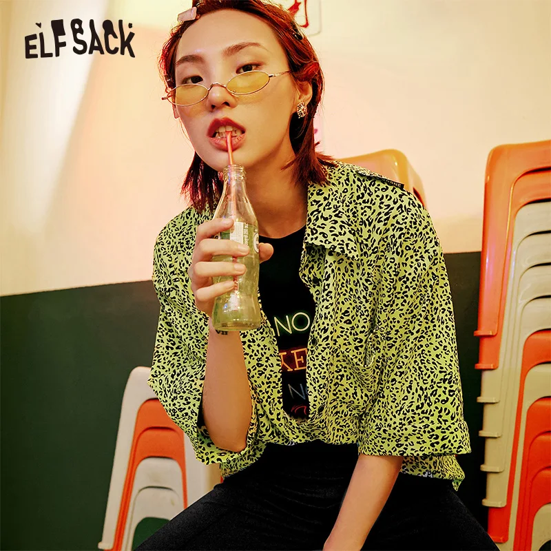 ELFSACK Sexy Leopard Women Shirts 2019 Autumn New Fashion Neon Yellow Female Bloouses Streetwear Vintage Casual Femme Tops | Женская