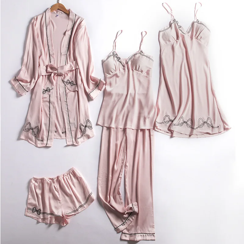 

Yuzhenli Ice Silk Women Pajamas 5 Pcs Set Lace Sexy Pajama Set With Chest Pad Embroidery Set Sleepwear Lounge Pyjama