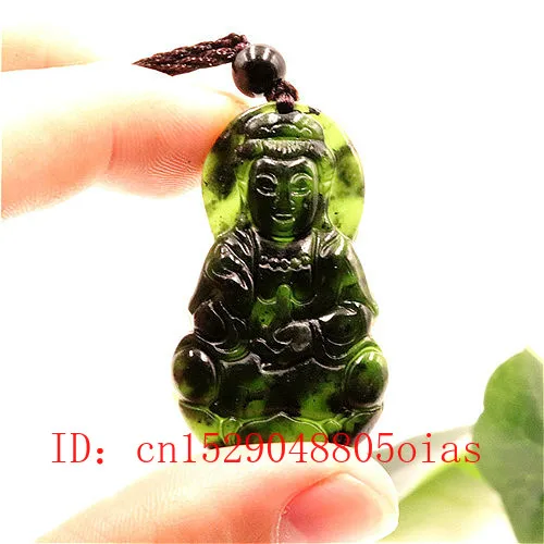 Натуральный китайский черный зеленый нефритовый Гуаньинь кулон ожерелье