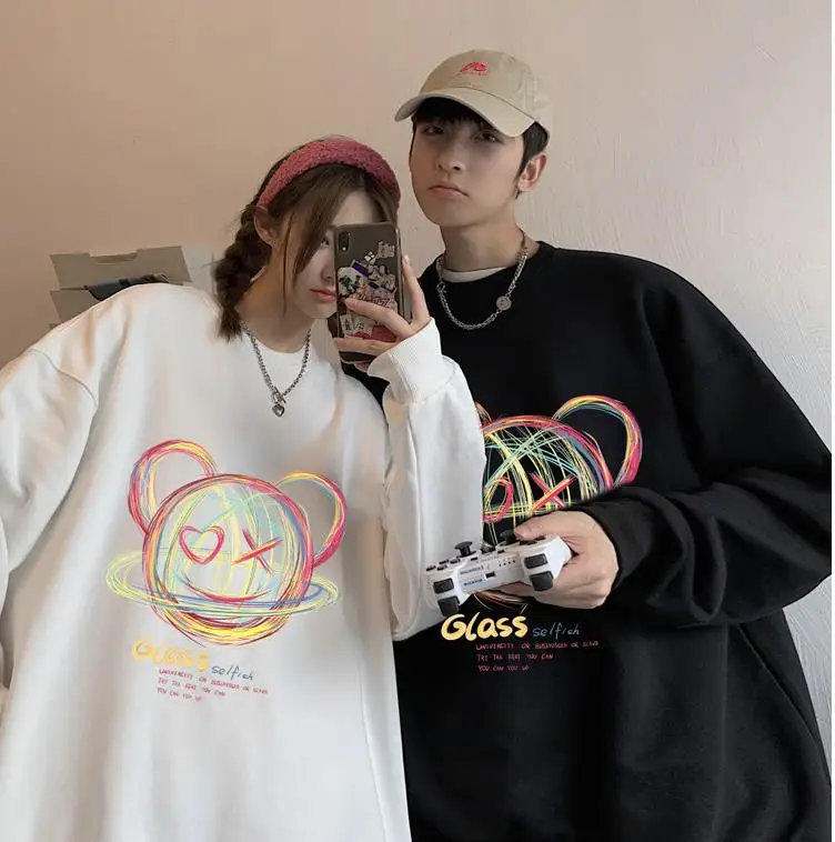 Spring And Autumn Round Neck Sweater Female Korean Style Hong Kong Style Little Devil Pattern Couple Wear Student Top Jacket