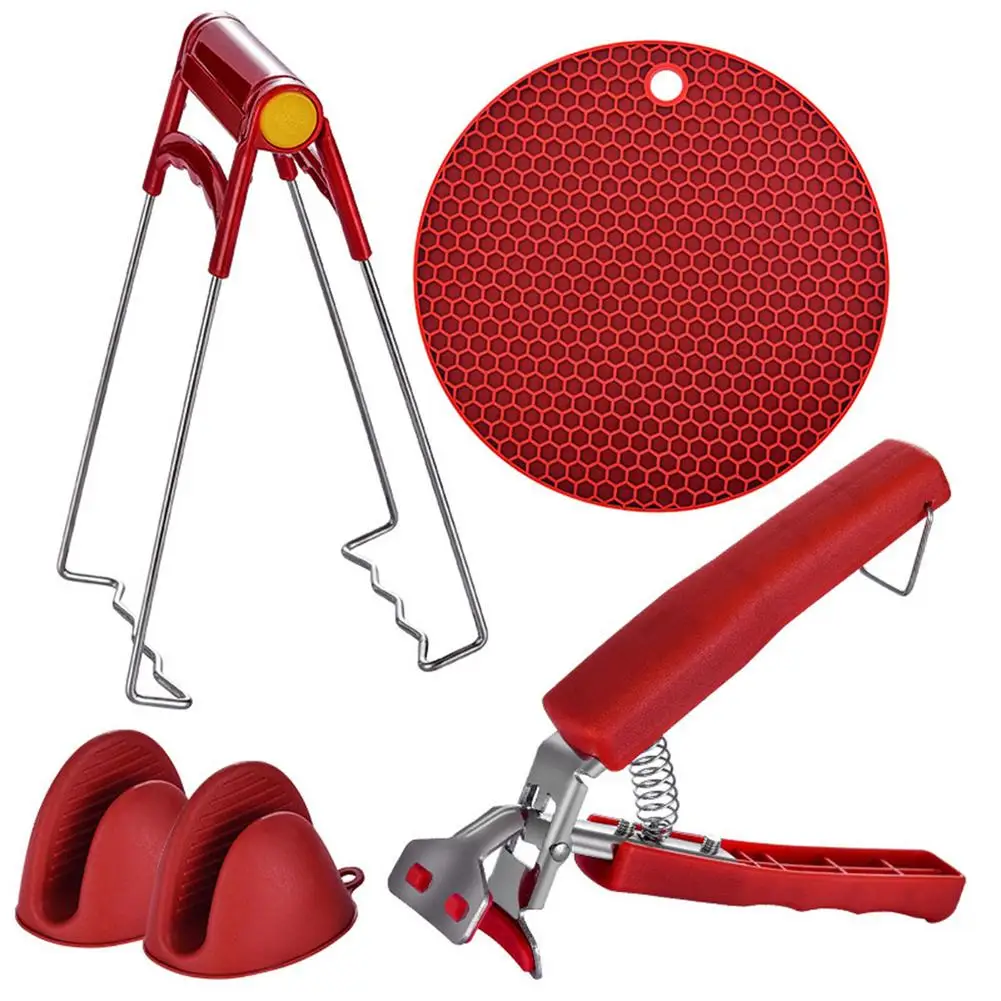 

5 Piece Set Kitchen Tool Hot Wrench Set Hot Plate Holder Silicone Clamp Heat-resistant Red Tools
