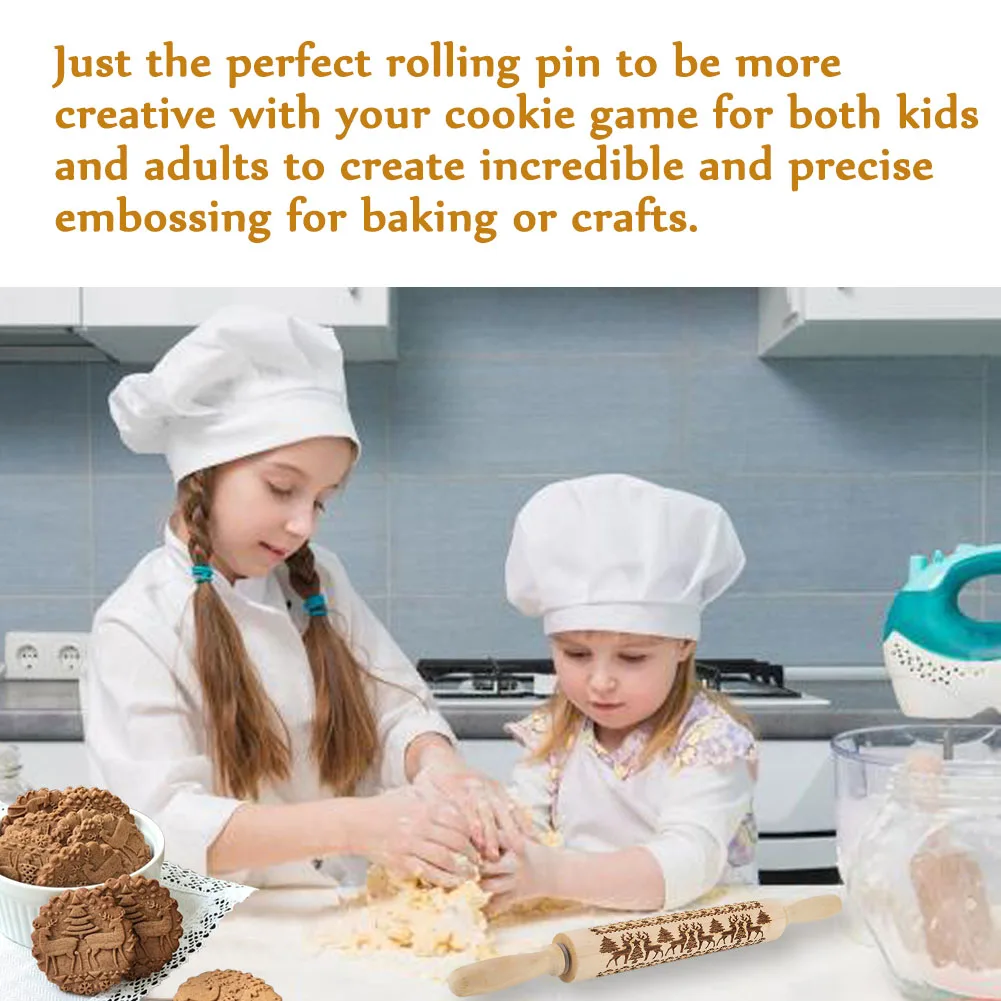 

Christmas Rolling Pin Engraved Carved Wood Embossed Rolling Pin Kitchen Tool GR5