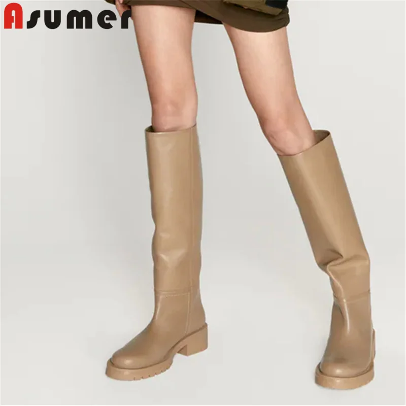 Женские сапоги без застежки ASUMER из натуральной кожи до колена на плоской подошве