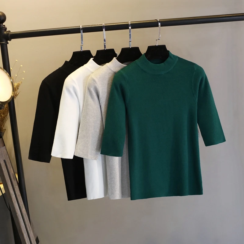 

Женский вязаный свитер-водолазка, черный или белый облегающий джемпер с полурукавами, весна-осень