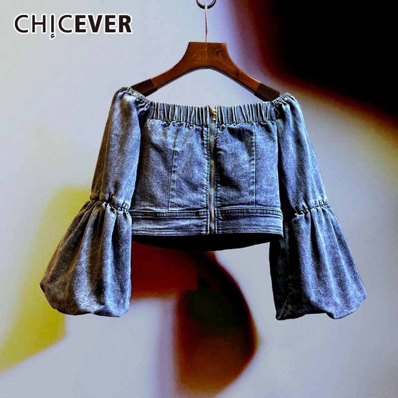 

CHICEVER Повседневная Свободная однотонная Лоскутная синяя блузка женская с воротником-лодочкой с пышными рукавами Модная Джинсовая рубашка д...
