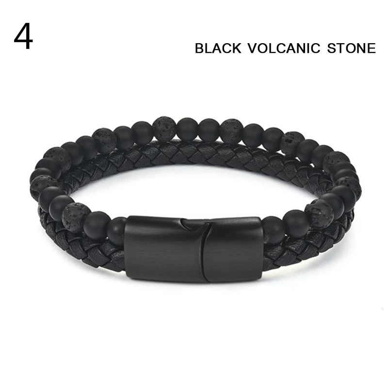 

Classic Stainless Steel Magnetic Buckle Wristband Bracelet Men Natural Stone Beaded Leather Bracelet Multilayer Rope Jewelry
