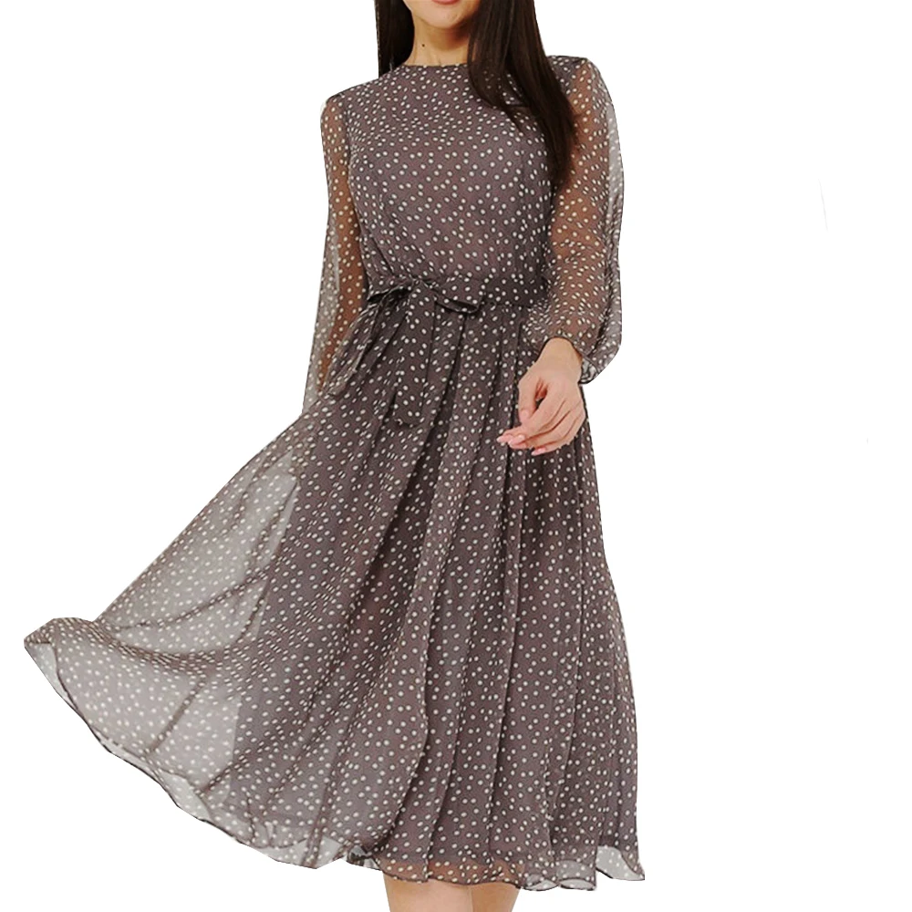 

Chiffon Woman Dress 2021 Spring Elegant Dot Print A-line Dress Fashion Casual Long Sleeve Boho Beach Dress Vintage Party Vestido
