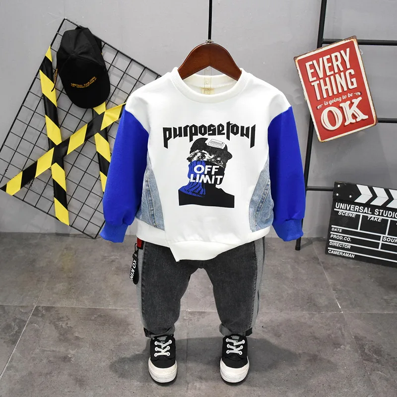 

spring and autumn Children clothing Set Kids Boys clothes Set baby long Sleeve Stitching sweate and jeans Suits Kids Clothes Set