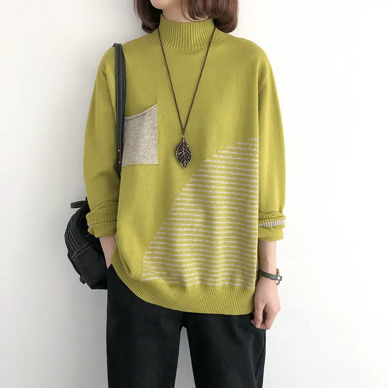 Женский свитер с воротником-хомутом вязаные Джемперы в полоску длинным рукавом