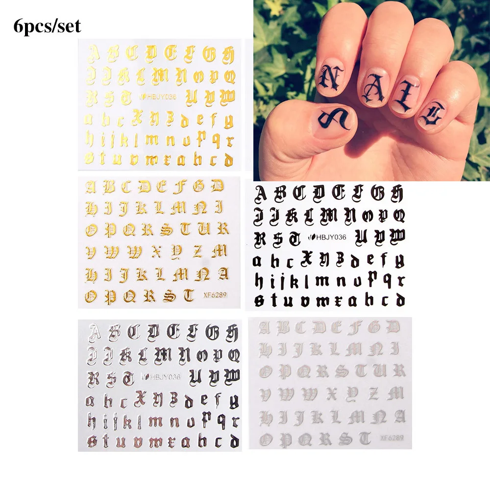 5/6 листов буквы 3d наклейки для ногтей черные прозрачные лазерные слова персонажи