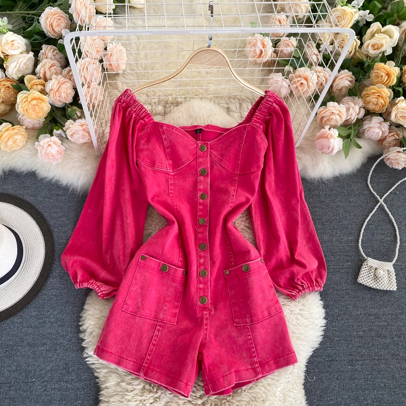 

2020 rosepink jumpsuit autumn retro single-breasted slim short jeans fashion square collar denim rompers jumpsuits